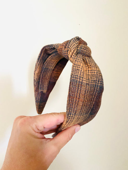 Blurred Brown & Blue Plaid Knotted Classic Headband