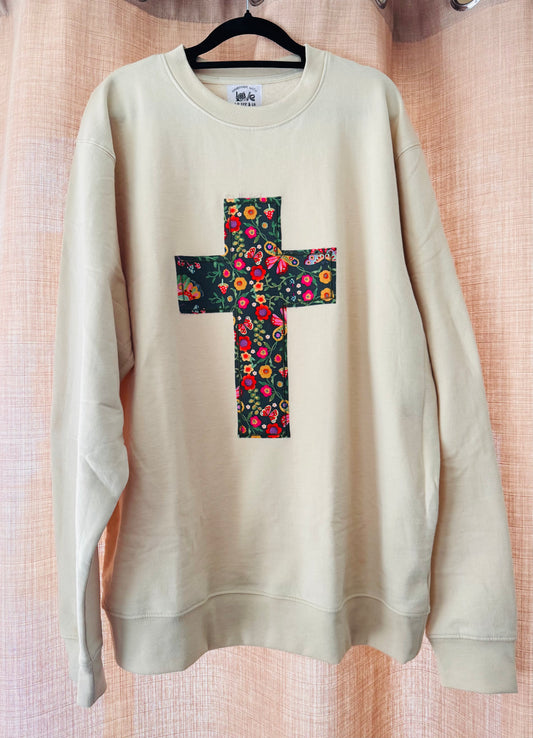 Floral Cross Appliqué Crewneck Sweatshirt | Faith-Based Christian Clothing